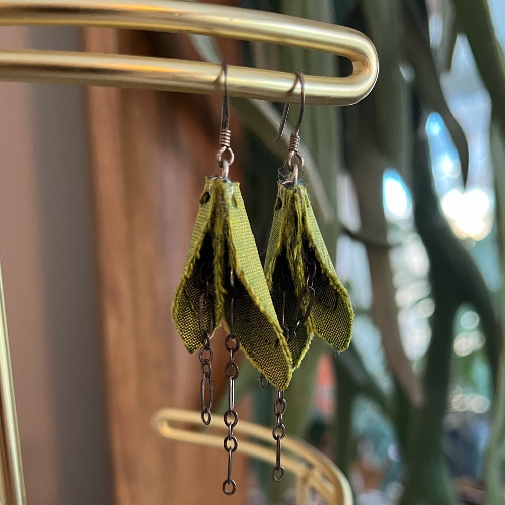 Elegant Green Fabric and Silver Dangle Earrings
